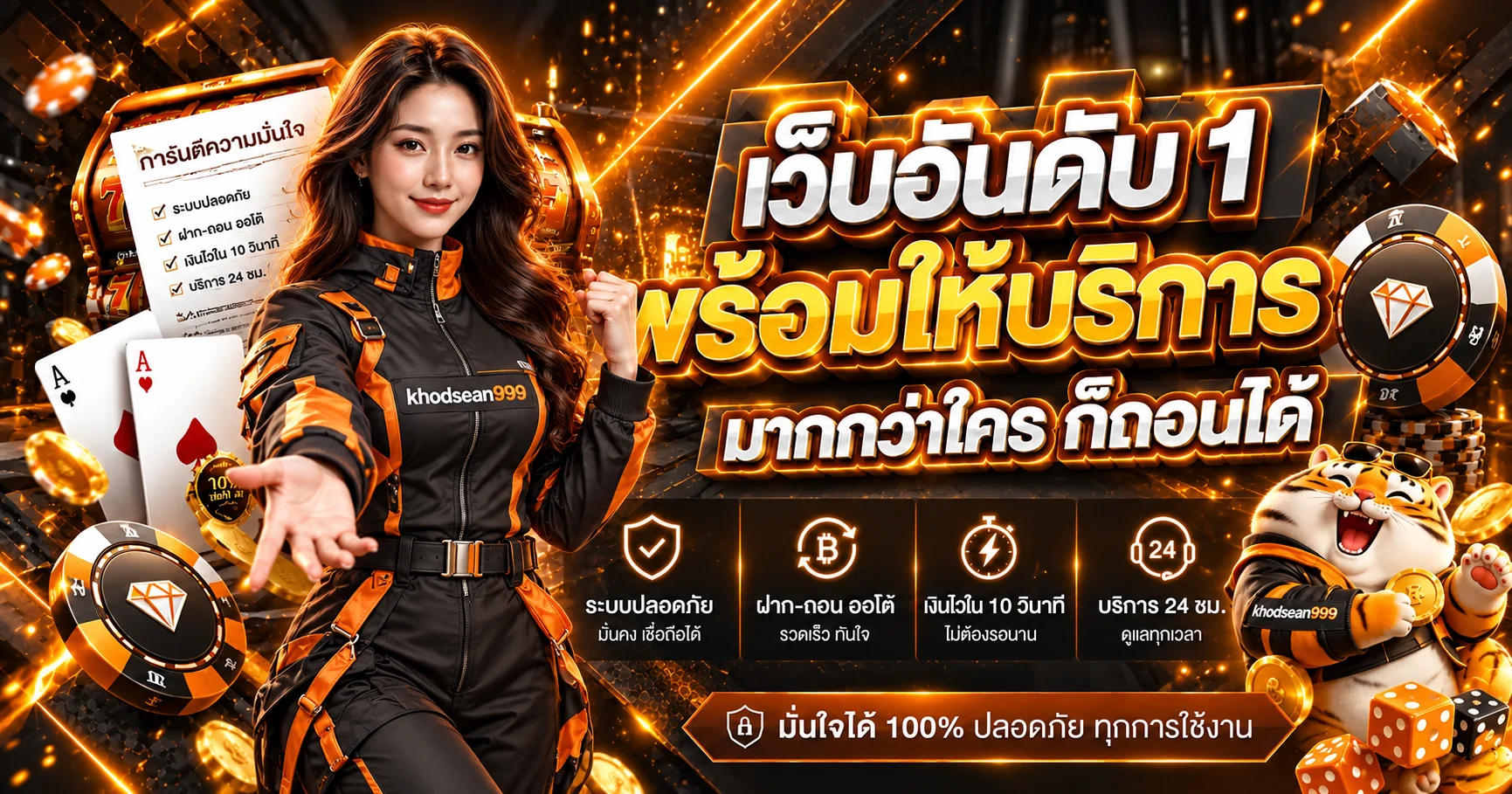 แบนเนอร์ทางเข้า khodsean999 โทนส้มดำพร้อมมาสคอตเสือ